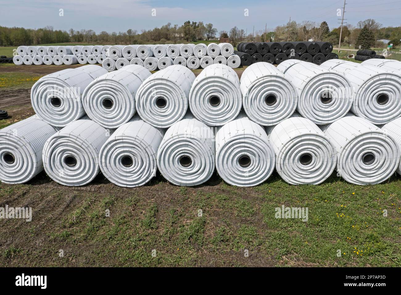 Clifford, Michigan, Corrugated plastic drainage pipe stocked at an