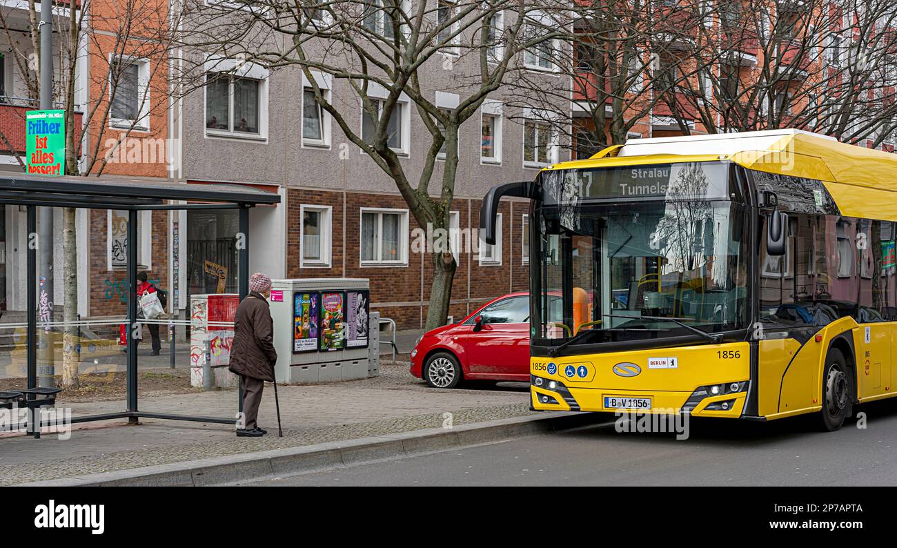 Bus stop, waiting senior citizen, Berlin, Germany Stock Photo