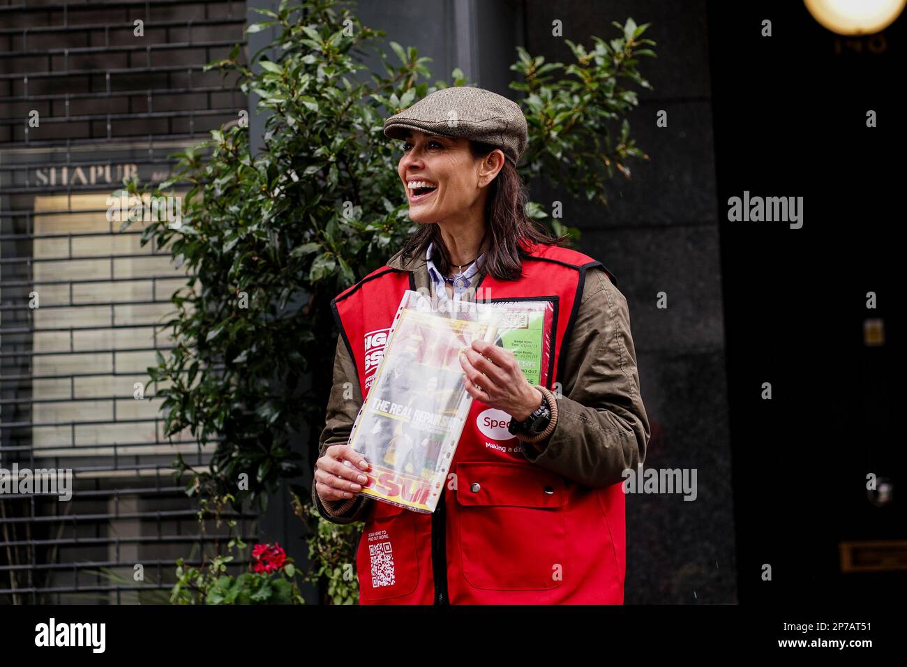Melanie Sykes sells copies of the Big Issue on the Strand in Covent