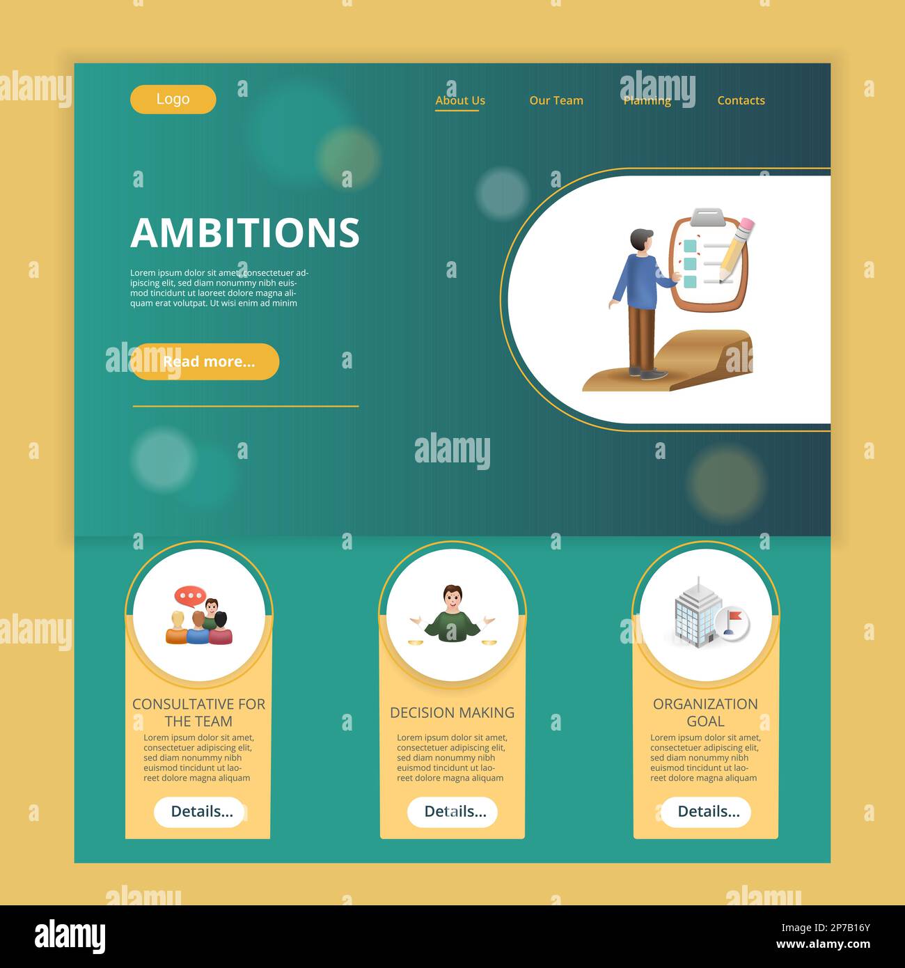 Ambitions flat landing page website template. Consultative for the team
