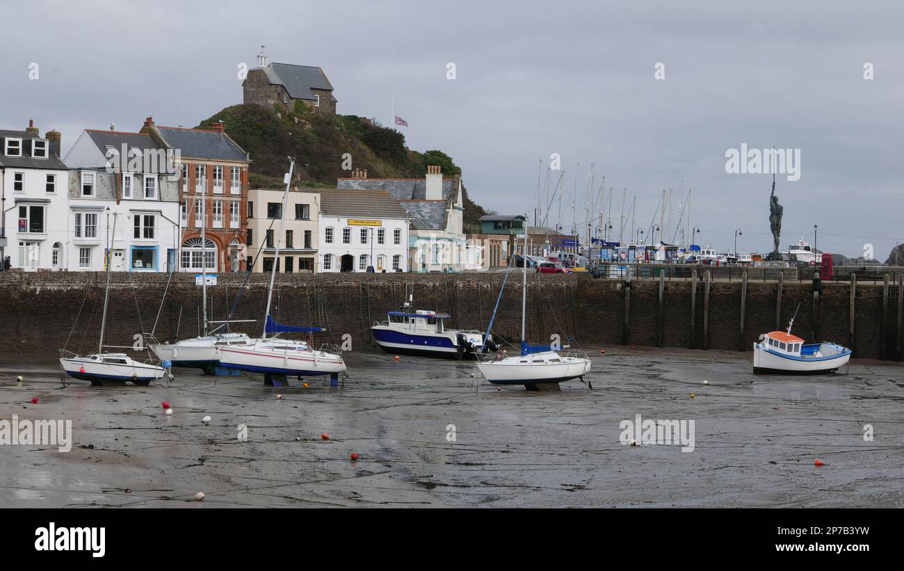 Small boats in ilfracombe Harbour at low tide. Devon. England. UK Stock Photo
