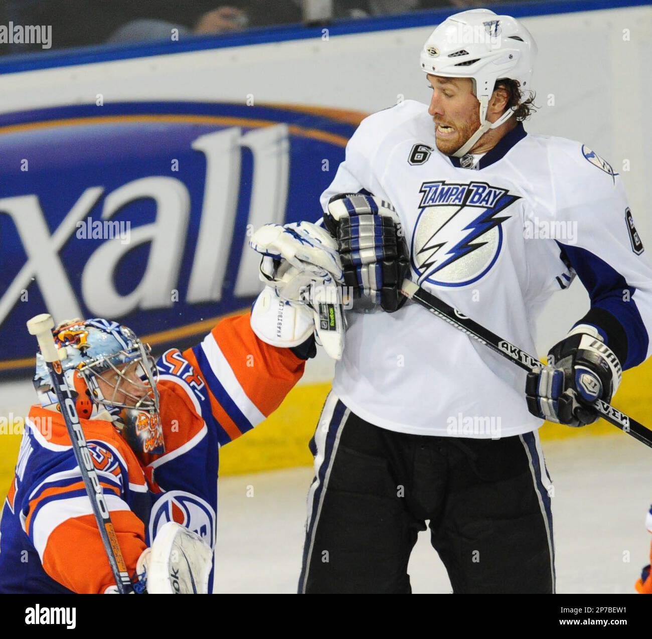Edmonton Oilers goalie Nikolai Khabibulin (35) catches the puck against ...