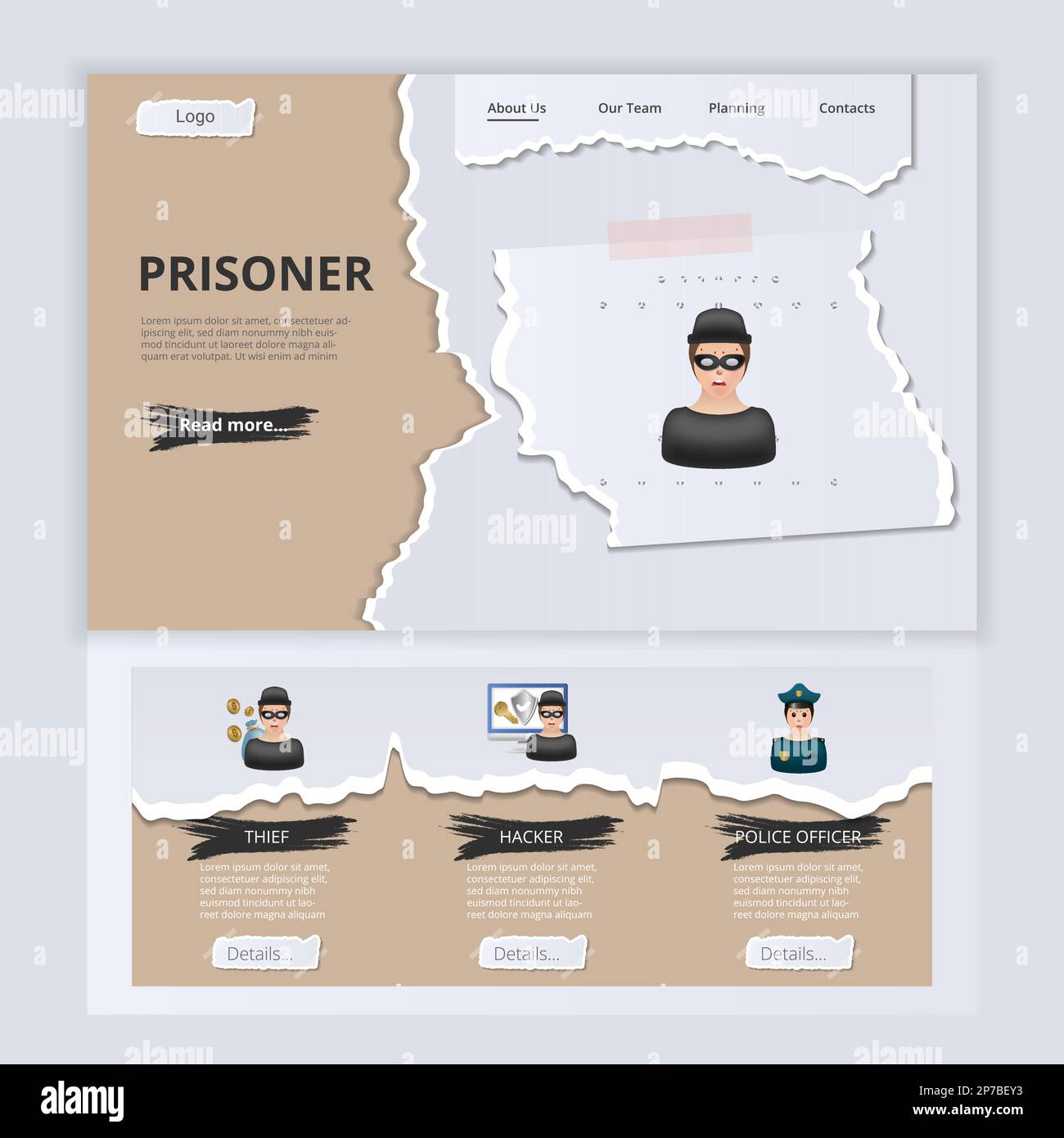 Prisoner flat landing page website template. Thief, hacker, police ...