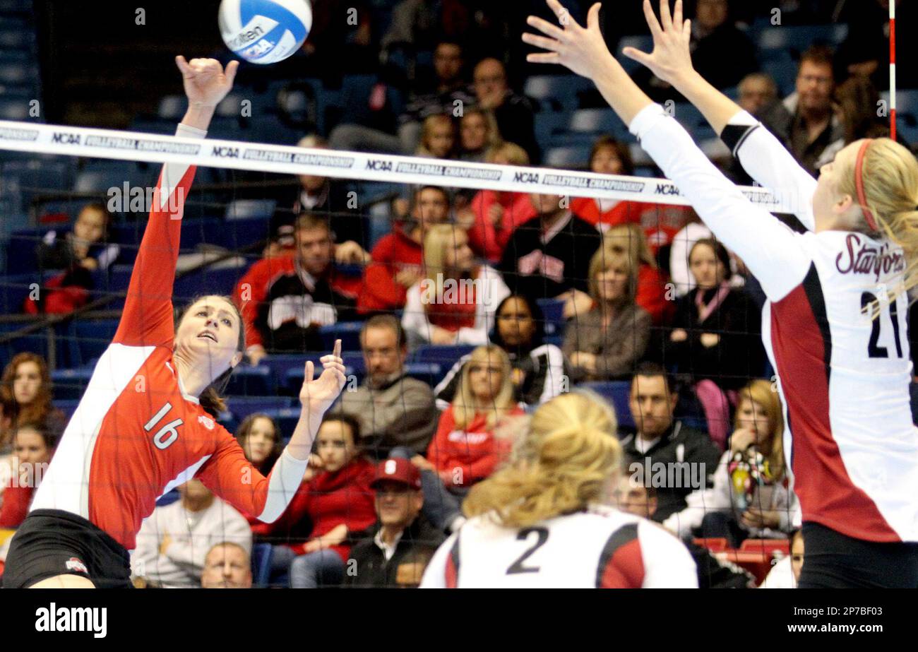 Ohio State's Katie Dull spikes the ball against Stanford during NCAA