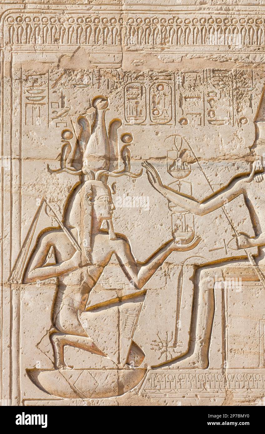 UNESCO World Heritage, Thebes in Egypt, Ramesseum temple, the god Amon gives jubilee feasts (heb sed) to Ramses II. Stock Photo