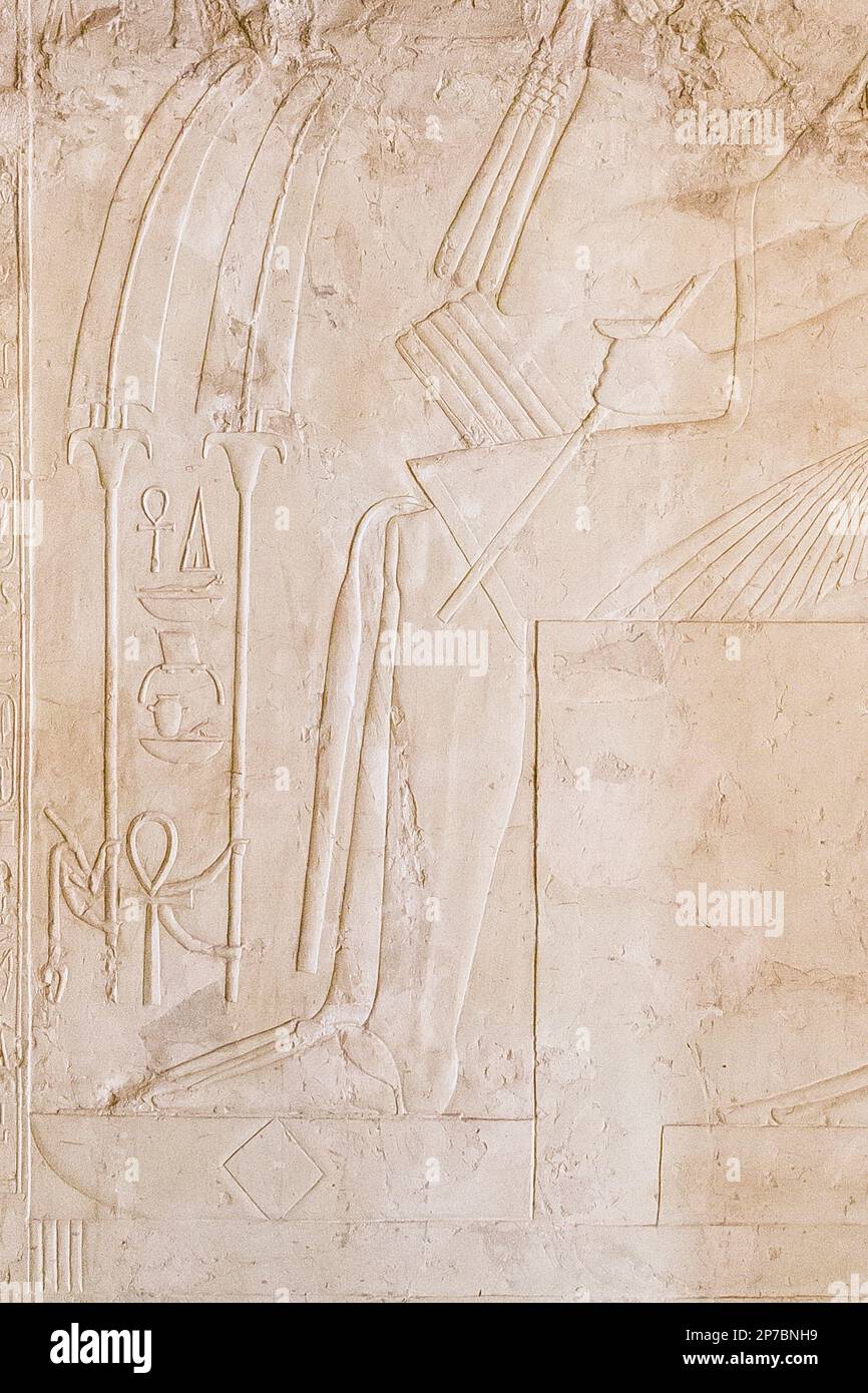Luxor in Egypt, tomb of Kheruef, first jubilee (Heb Sed) of Amenhotep III. The Ankh and Was signs hold fans for the king. Stock Photo