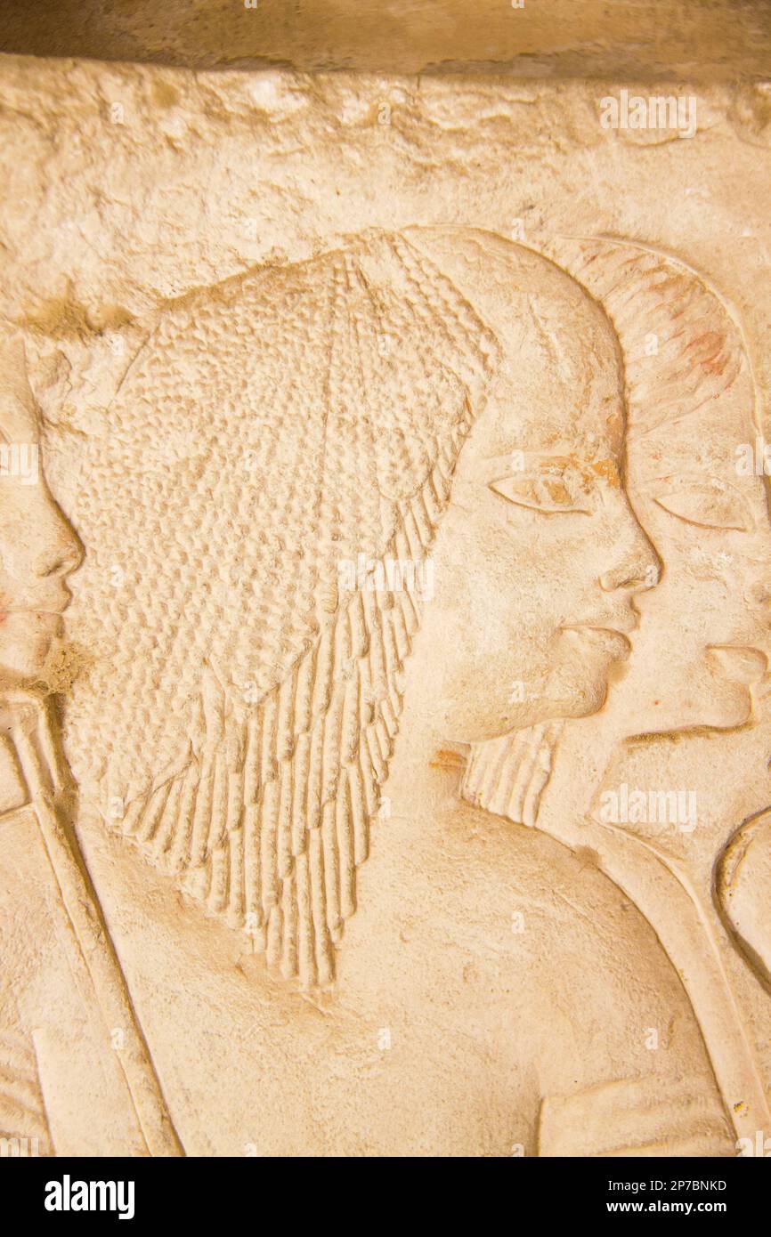 Egypt, Saqqara,  tomb of Horemheb,  inner room, East Wall South side, curious 'bald' wig. Stock Photo