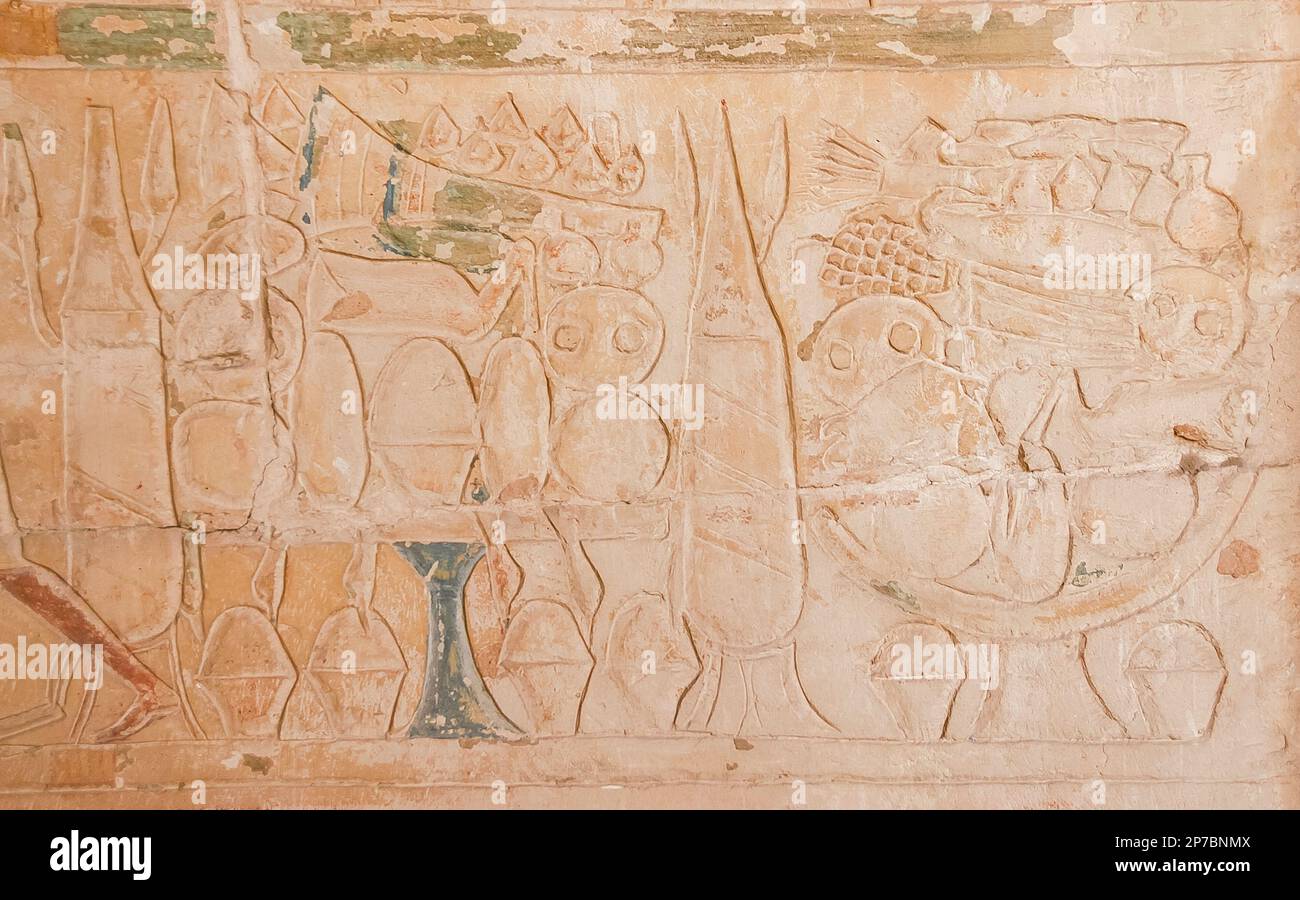 Egypt, Saqqara,  tomb of Horemheb,  inner room, South wall. Offerings. Stock Photo