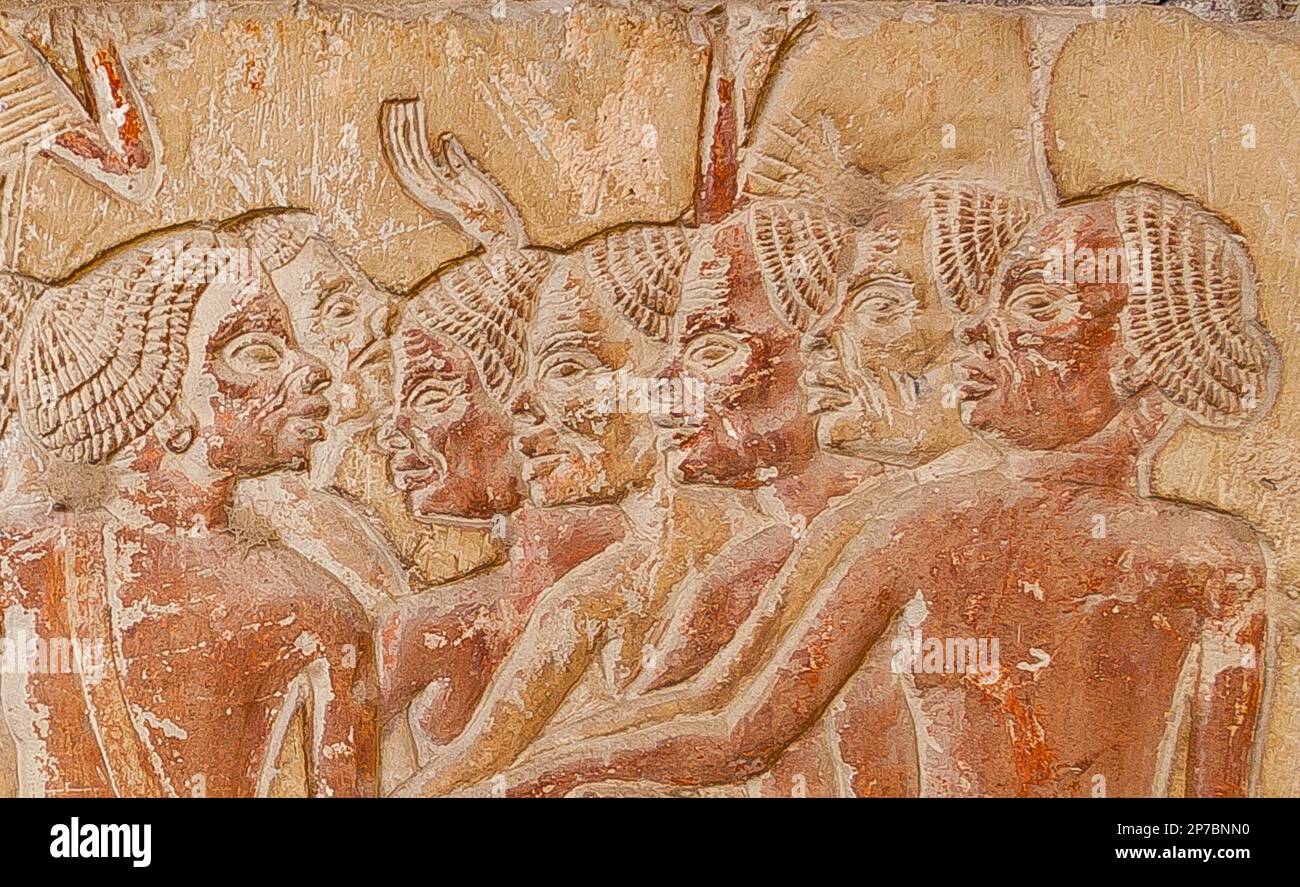 Egypt, Saqqara,  tomb of Horemheb,  inner room, East Wall South side, nubian prisoners. One of them has 6 fingers on his hand ! Stock Photo