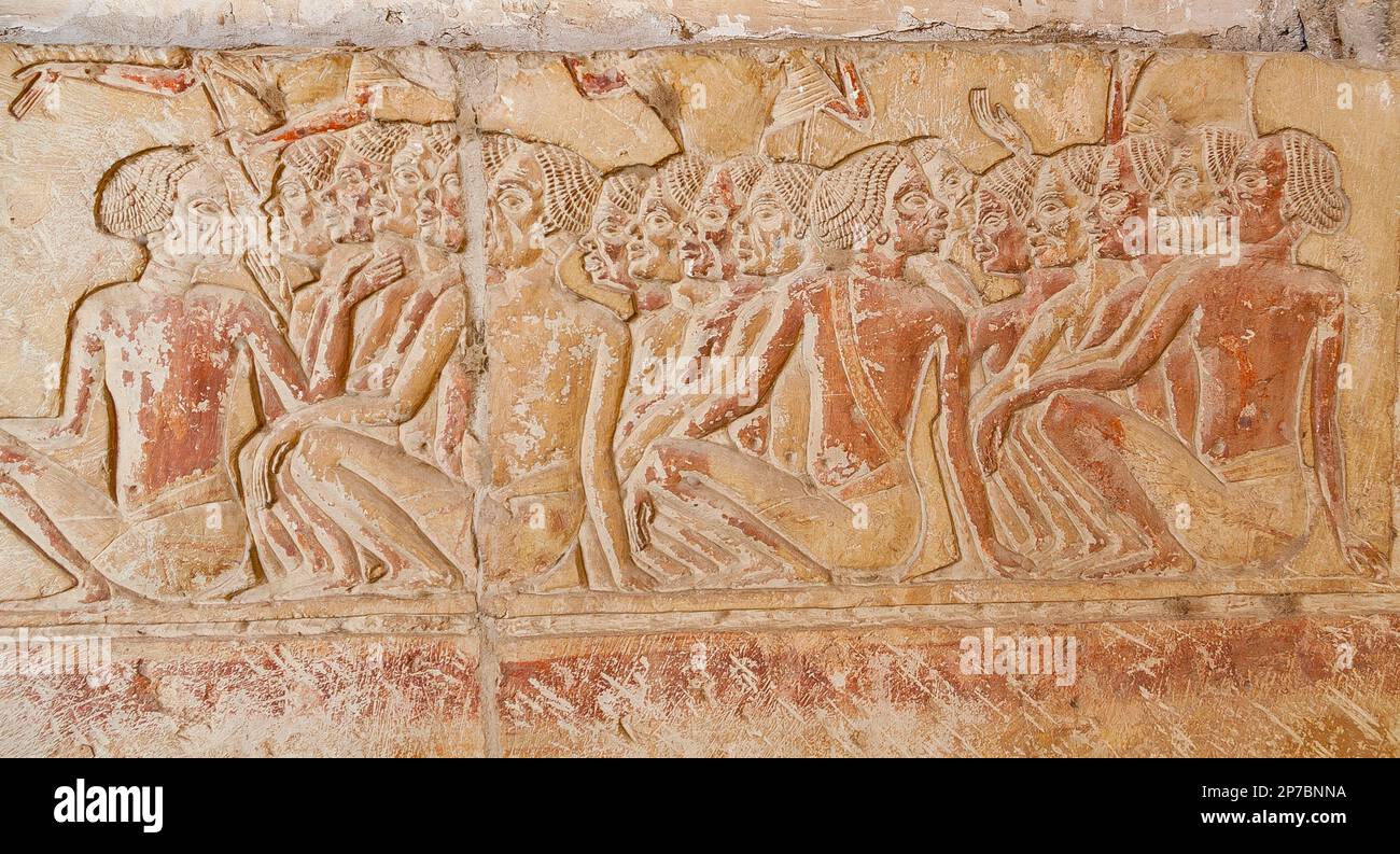 Egypt, Saqqara,  tomb of Horemheb,  inner room, East Wall South side, nubian prisoners. One of them has 6 fingers on his hand ! Stock Photo