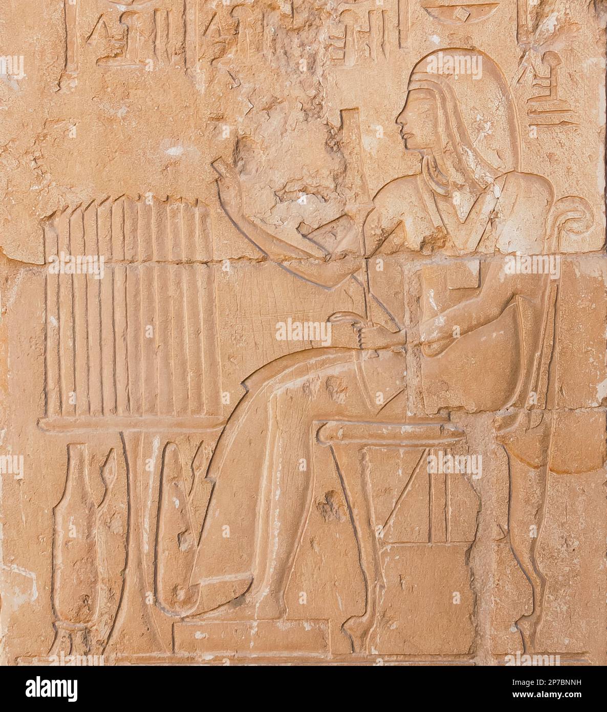 Egypt, Saqqara,  tomb of Horemheb,  statue room,  Horemheb representation, without uraeus. Stock Photo