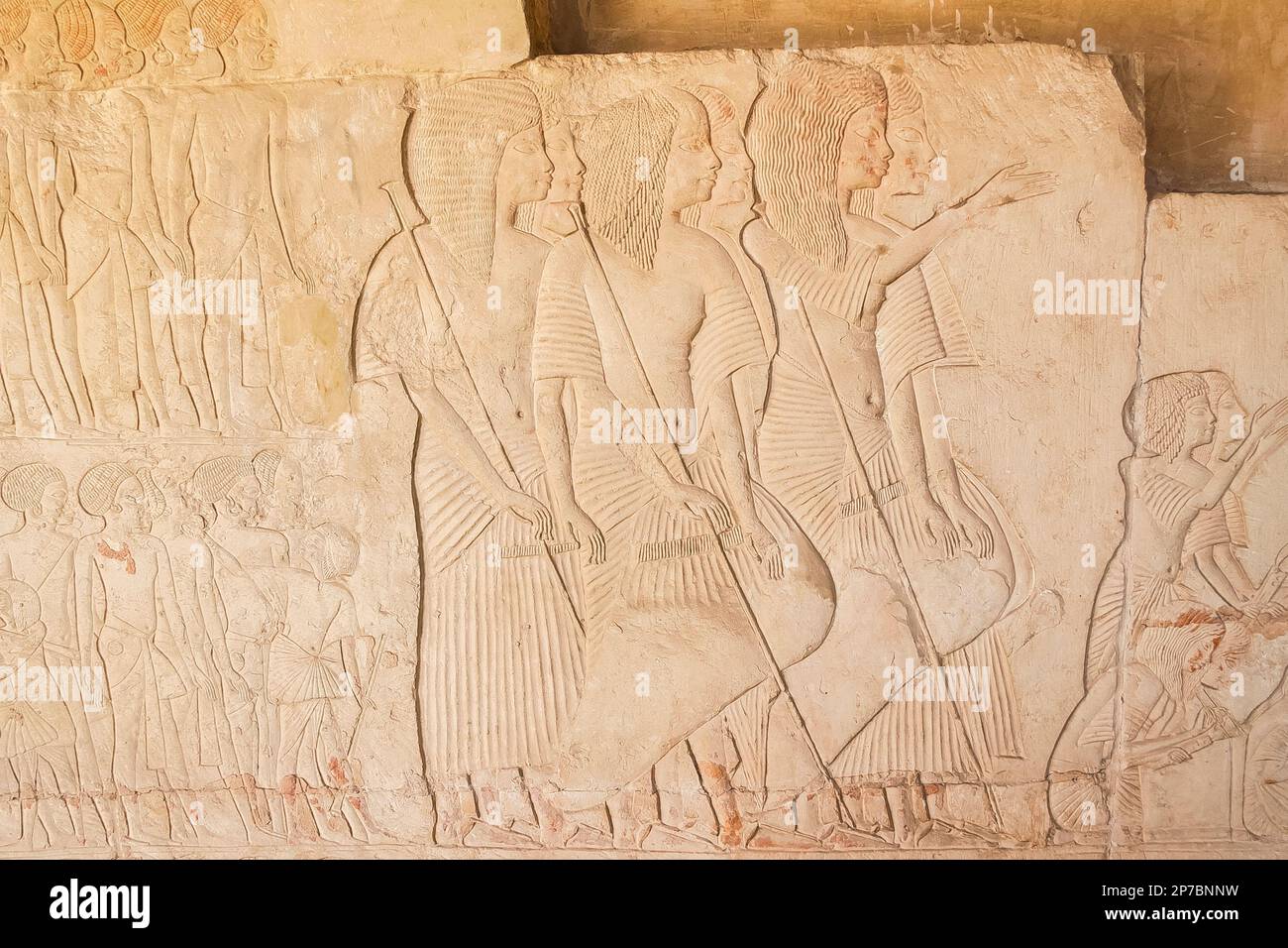 Egypt, Saqqara,  tomb of Horemheb,  inner room, East Wall South side, dignitaries, in front of Horemheb. Stock Photo