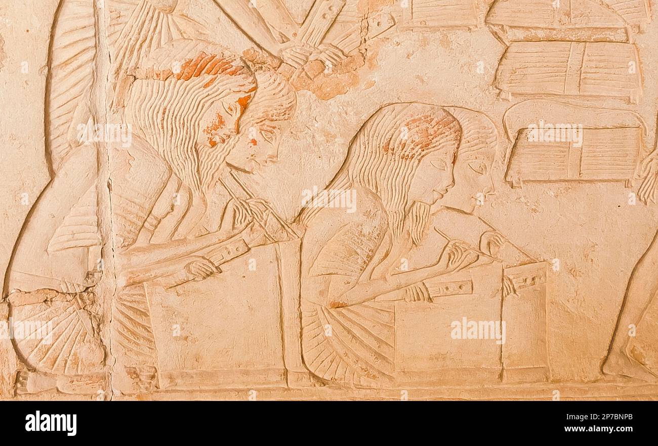 Egypt, Saqqara,  tomb of Horemheb,  inner room, East Wall South side, scribes. Stock Photo