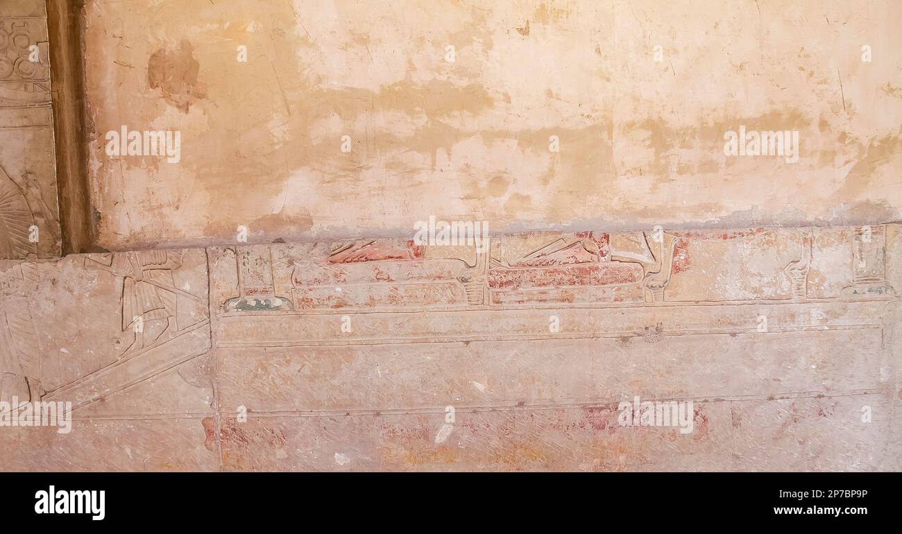Egypt, Saqqara,  tomb of Horemheb,  inner room, South wall. Only the feet of the king and of the queen are remaining. Stock Photo