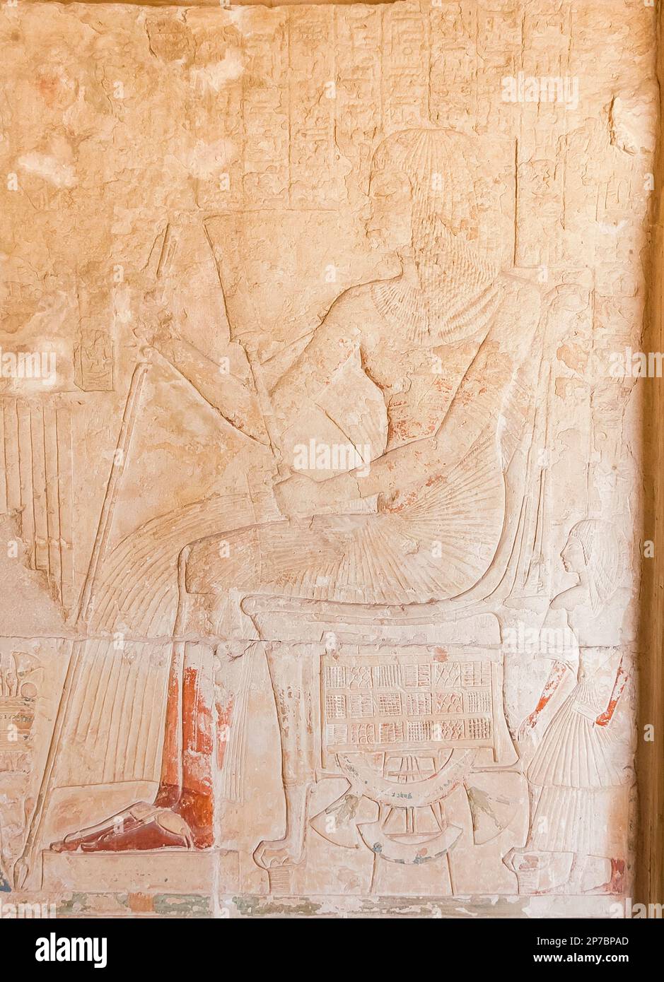 Egypt, Saqqara,  tomb of Horemheb,  inner room, South wall. Horemheb seated on a throne with lion paws. Stock Photo