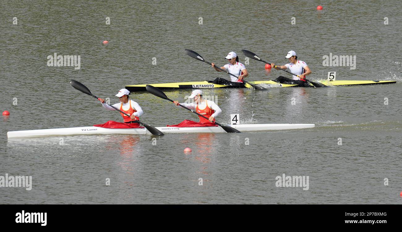 From front, gold winners Yu Lamei, Wang Feng of China, silver winners KITAMOTO Shinobu, OHMURA