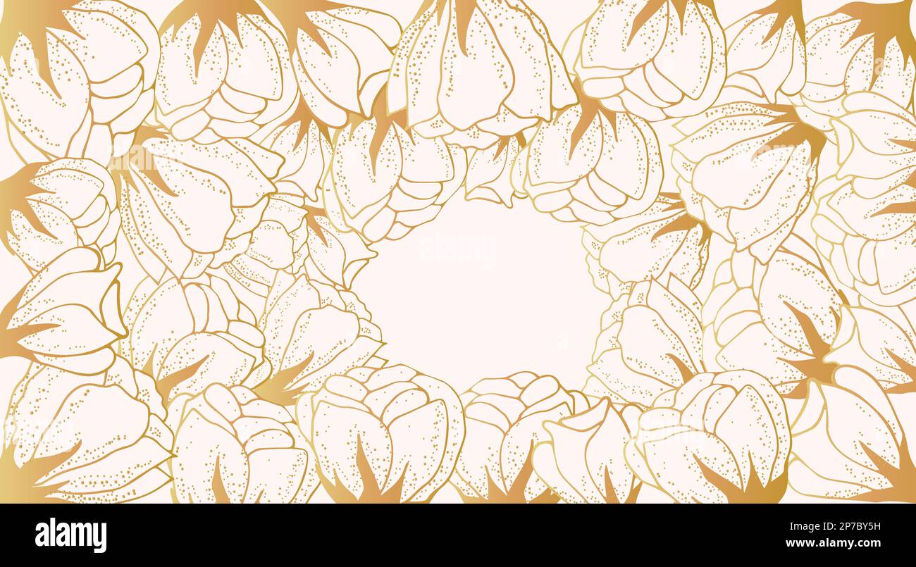 Beautiful floral art background with space for text. Luxury wallpaper on the side with white flowers, leaves and branches on the side. Hand drawing. Stock Vector