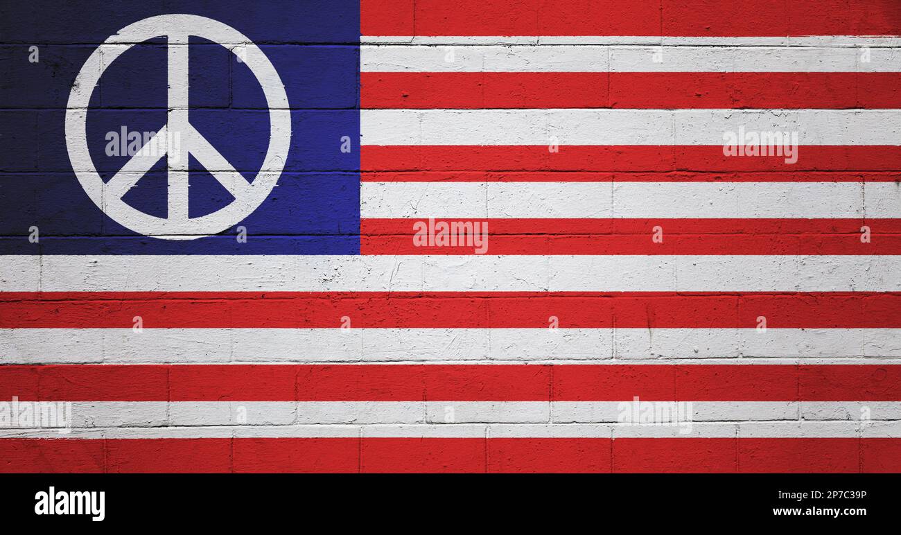 Picture of a the US Peace Flag painted on a cinder block wall. Stock Photo