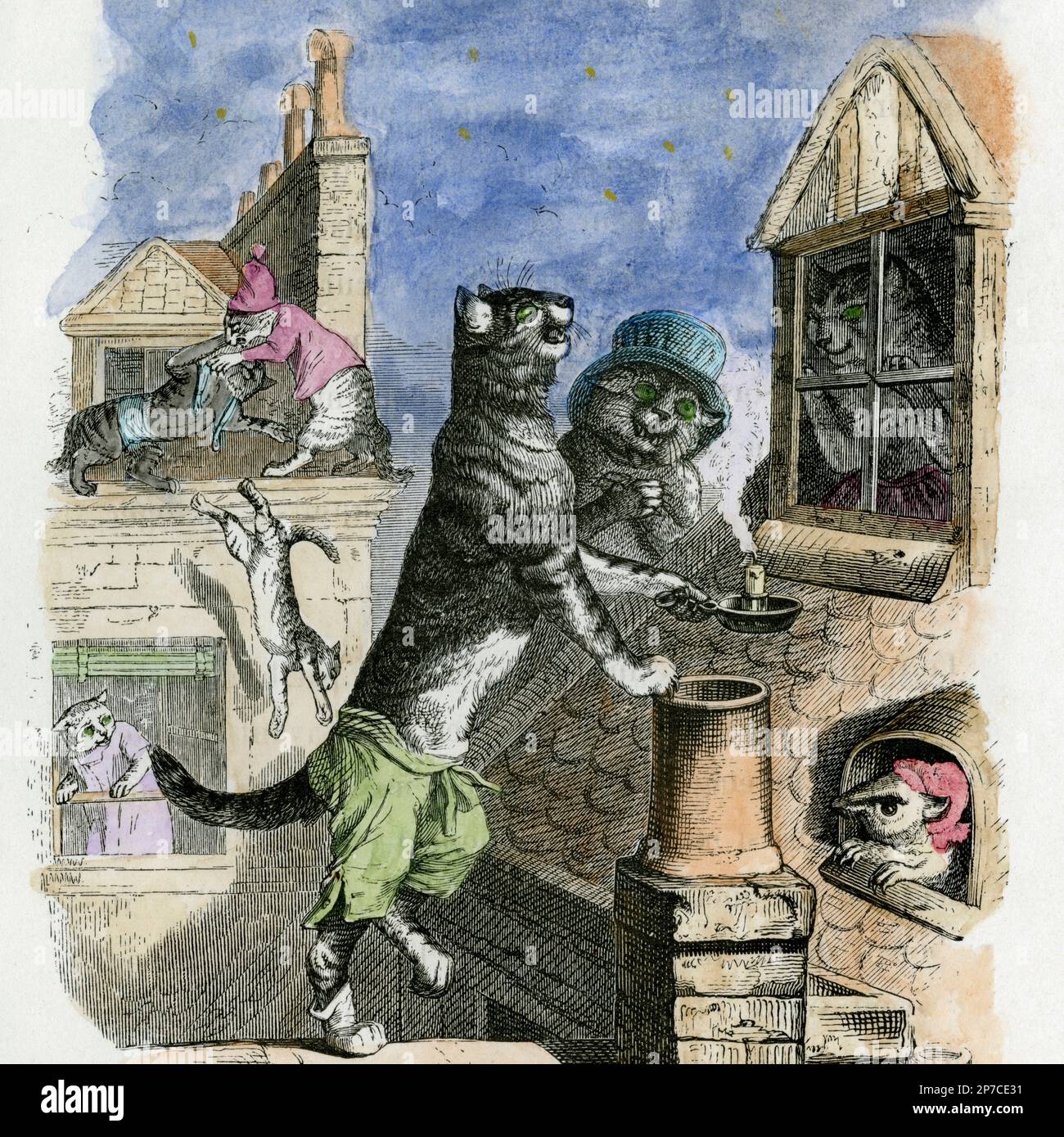 On a starry French night, green-eyed cats serenade a potential lover through rooftop gable glass: square format detail of charming hand-tinted 19th century book illustration by J.J. Grandville, more widely known for biting political caricatures, satirical drawings and republican campaigns.  From ‘Scenes of the Private and Public Life of Animals’ (Paris, 1842), which depicted humans as animals and vice versa. Stock Photo
