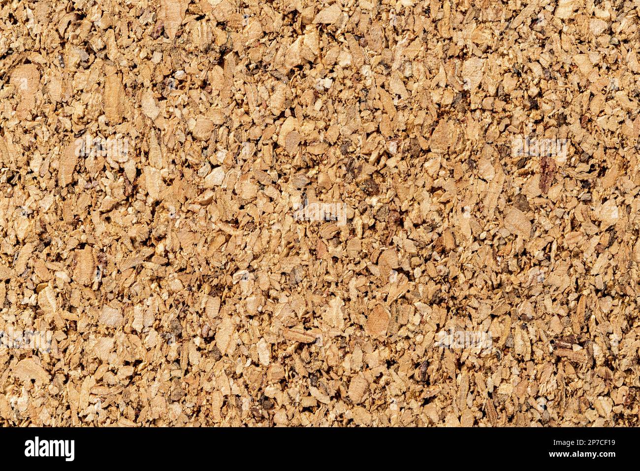 Brown cork texture macro. Background of corkboard surface for paper notes and memo stickers. Grainy wood material of the cork oak bark. Cork board. Stock Photo
