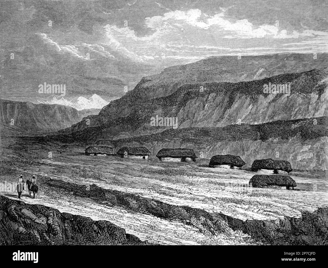Quechua Houses, Native Huts or Dwellings in Village Along the Rio Compueria, Puno Region, Peru Vintage or Historical Engraving or Illustration 1862 Stock Photo