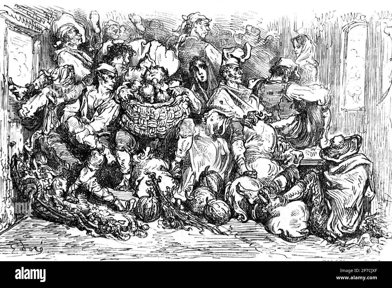 Train Passengers in a Crowded or Overcrowded Third Class Carriage of Train on Spanish Railways Spain. Illustration by Gustave Doré. Vintage or Historical Engraving or Illustration 1862 Stock Photo