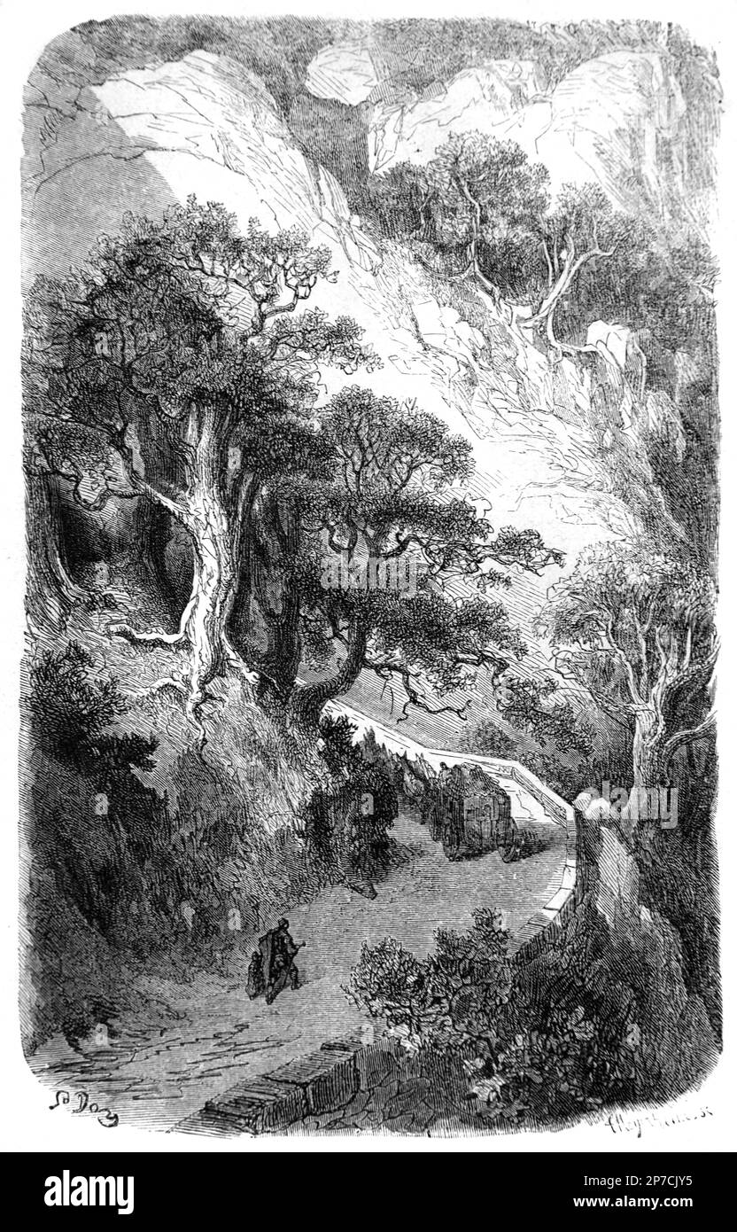 Col du Perthus, or Perthus Mountain Pass in the Pyrenees on the French Spanish Border. Engraving by Gustave Doré. Vintage or Hiistorical Engraving or Illustration 1862 Stock Photo