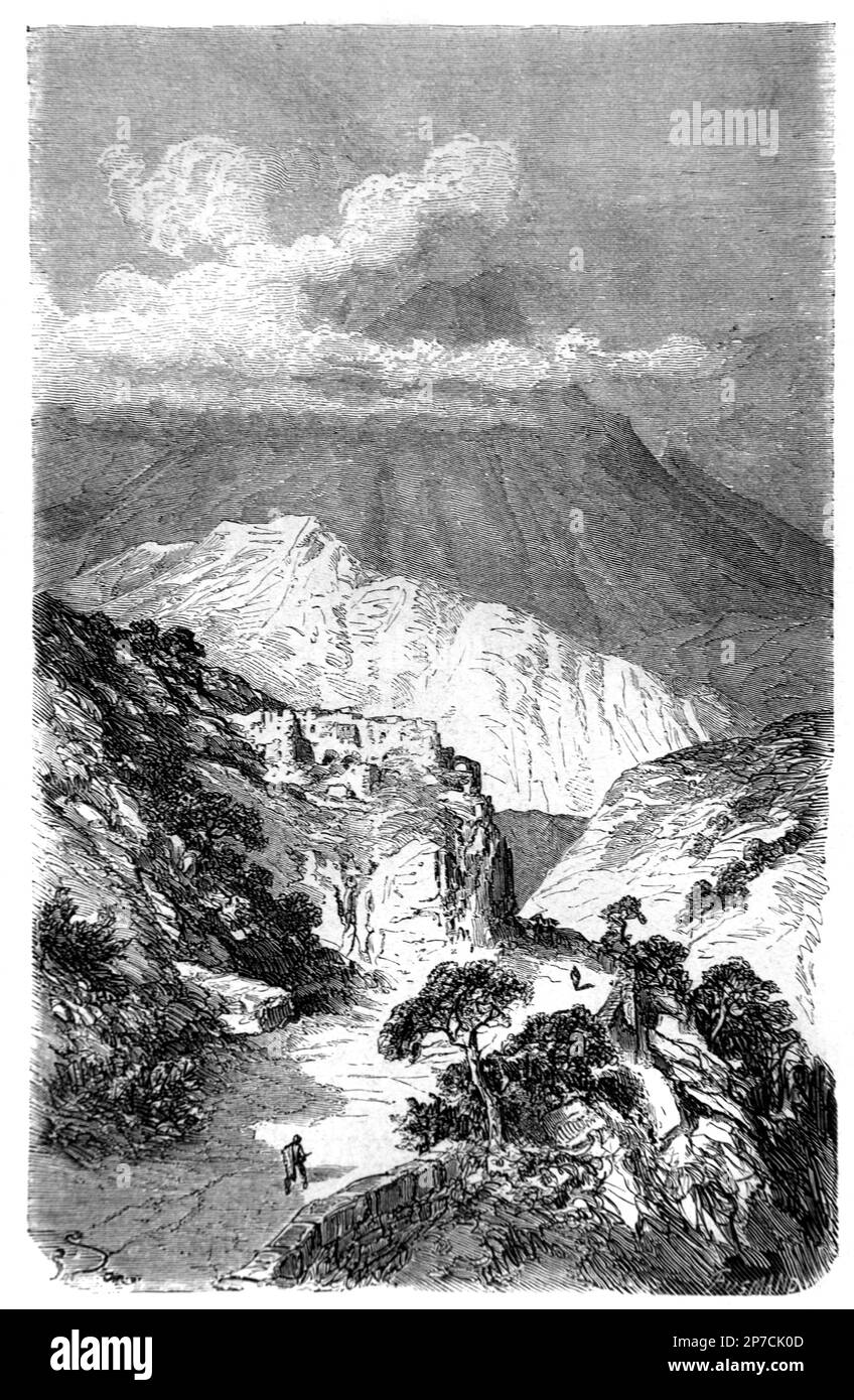 Col du Perthus, or Perthus Mountain Pass in the Pyrenees on the French Spanish Border. Vintage or Hiistorical Engraving or Illustration 1862 Stock Photo