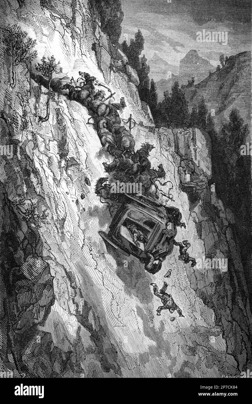 Stagecoach or Coach and Horses Falling of Mountain Road in a Road Accident in the Pyrenees. Vintage or Historical Engraving or Illustration 1862 Stock Photo