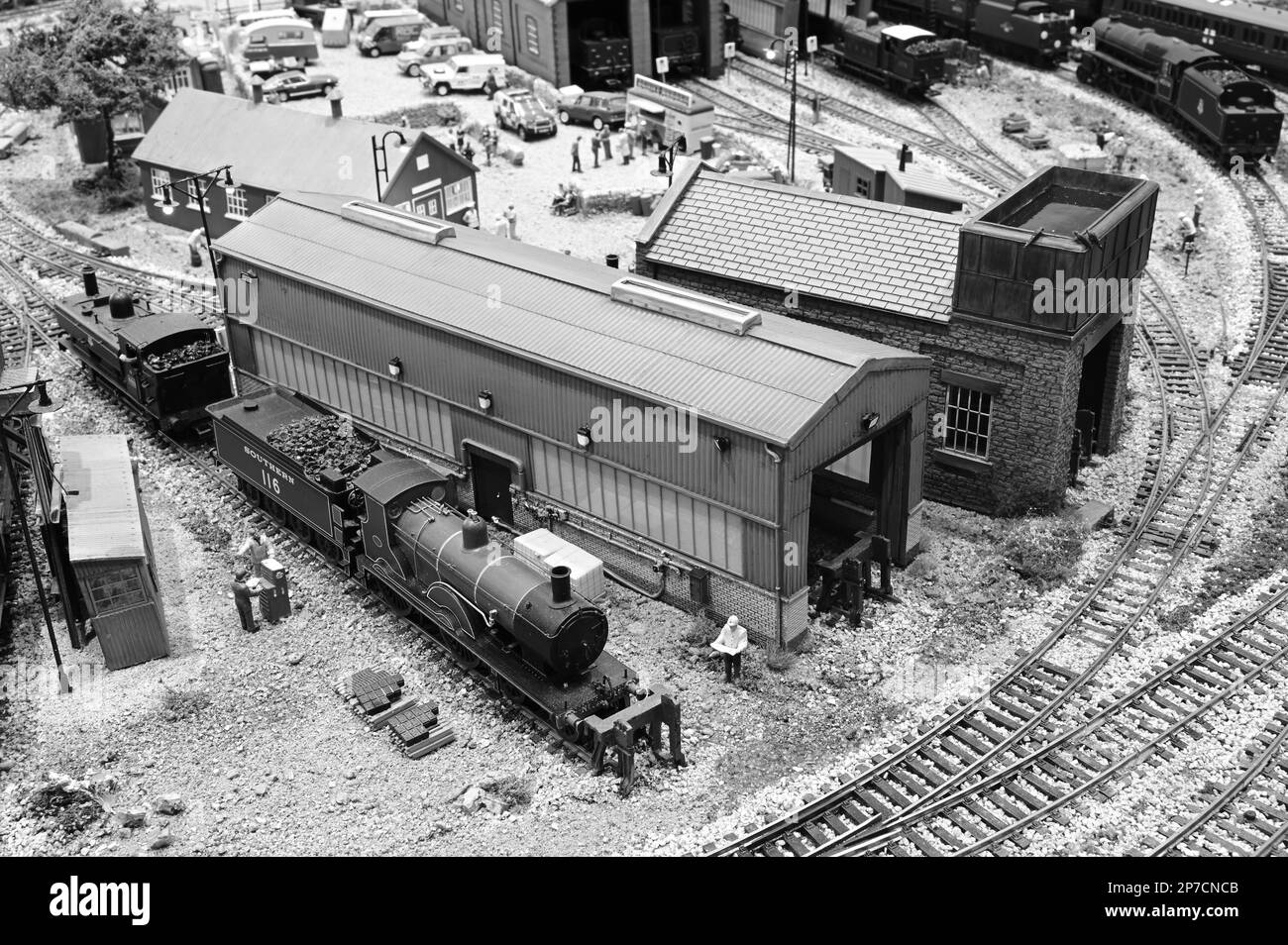 Engine sheds on a model railway in a maintenance yard. Stock Photo