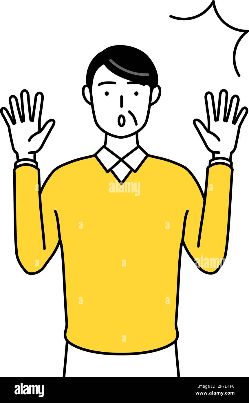 Retired seniors, middleaged man, raising her hand in surprise, Vector