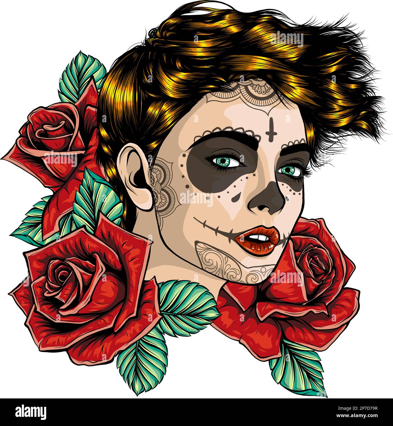 Vector illustration of skull girl with roses. Skull sugar flower Stock