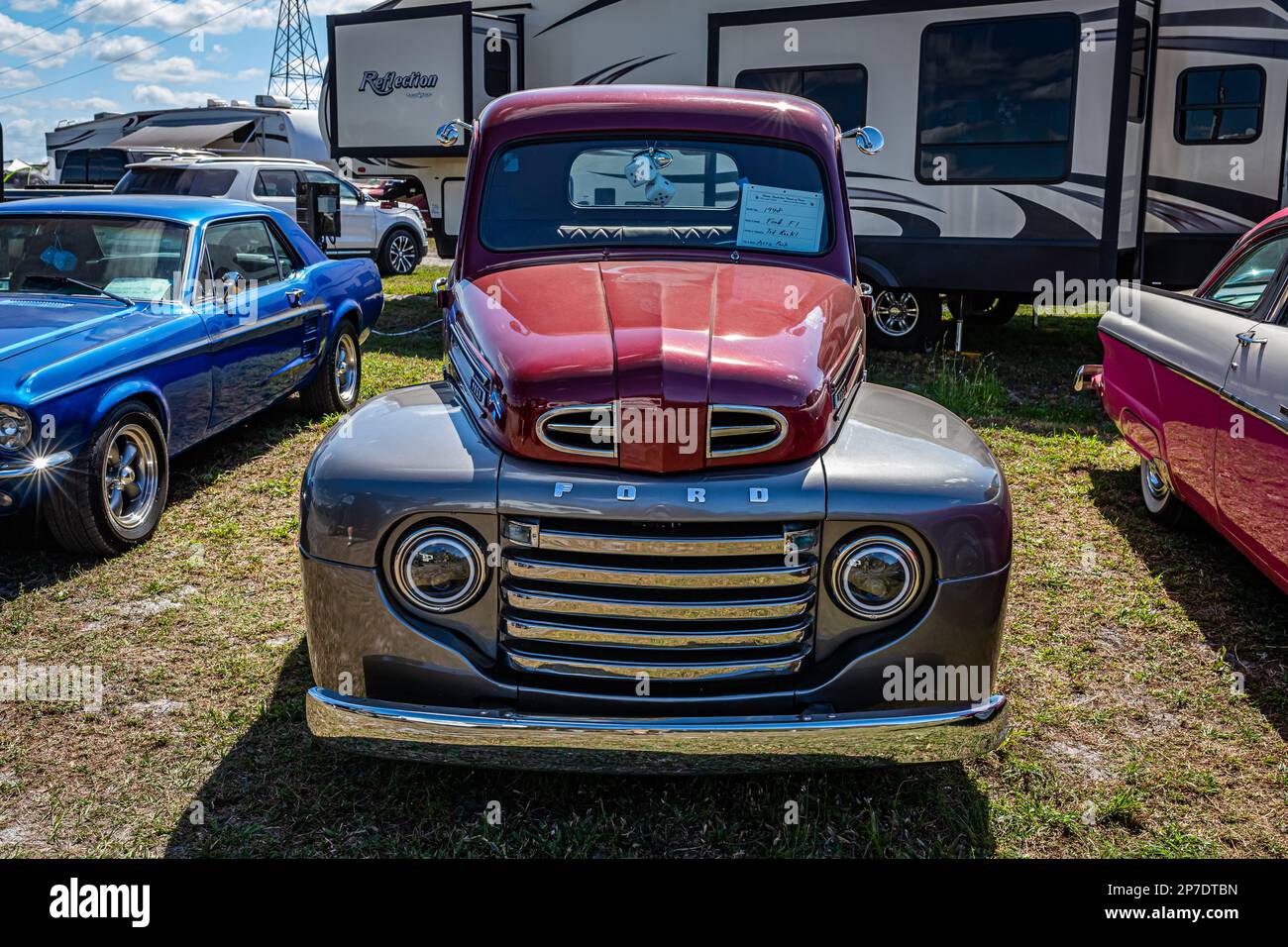 Fort Meade, FL - February 24, 2022: High perspective front view of a 1948 Ford F1 Pickup Truck at a local car show. Stock Photo
