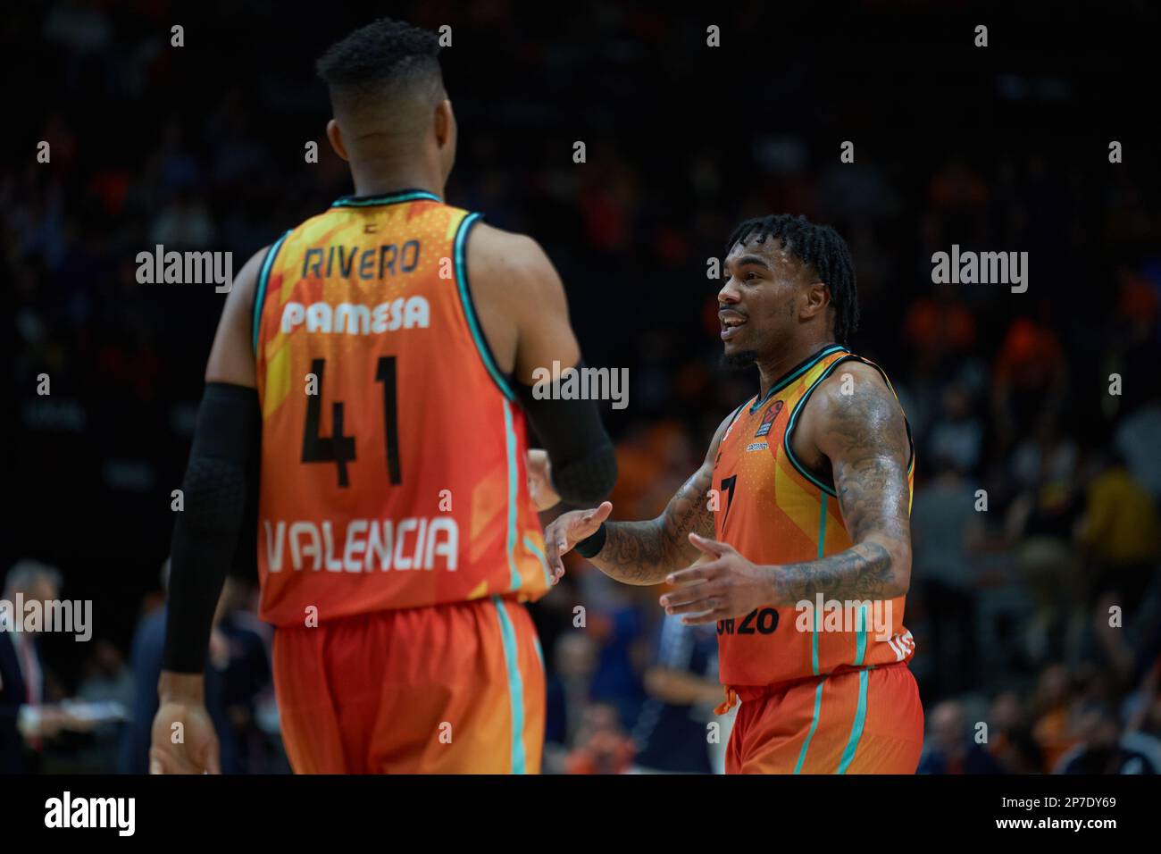 Jasiel Rivero of Valencia basket (L) and Chris Jones of Valencia basket (R) in action during the Turkish Airlines EuroLeague Regular Season Round 27 on march 7, 2023 at Fuente de San Luis Sport Hall  (Valencia ,Turkish Airlines EuroLeague Regular Season Round 27 on march 7, 2023). Valencia Basket 84:88  EA7 Emporio Armani Milan (Photo by Vicente Vidal Fernandez/Sipa USA) Stock Photo