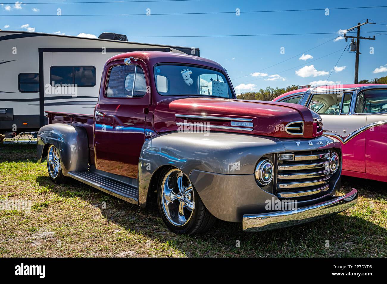 Fort Meade, FL - February 24, 2022: High perspective front corner view of a 1948 Ford F1 Pickup Truck at a local car show. Stock Photo