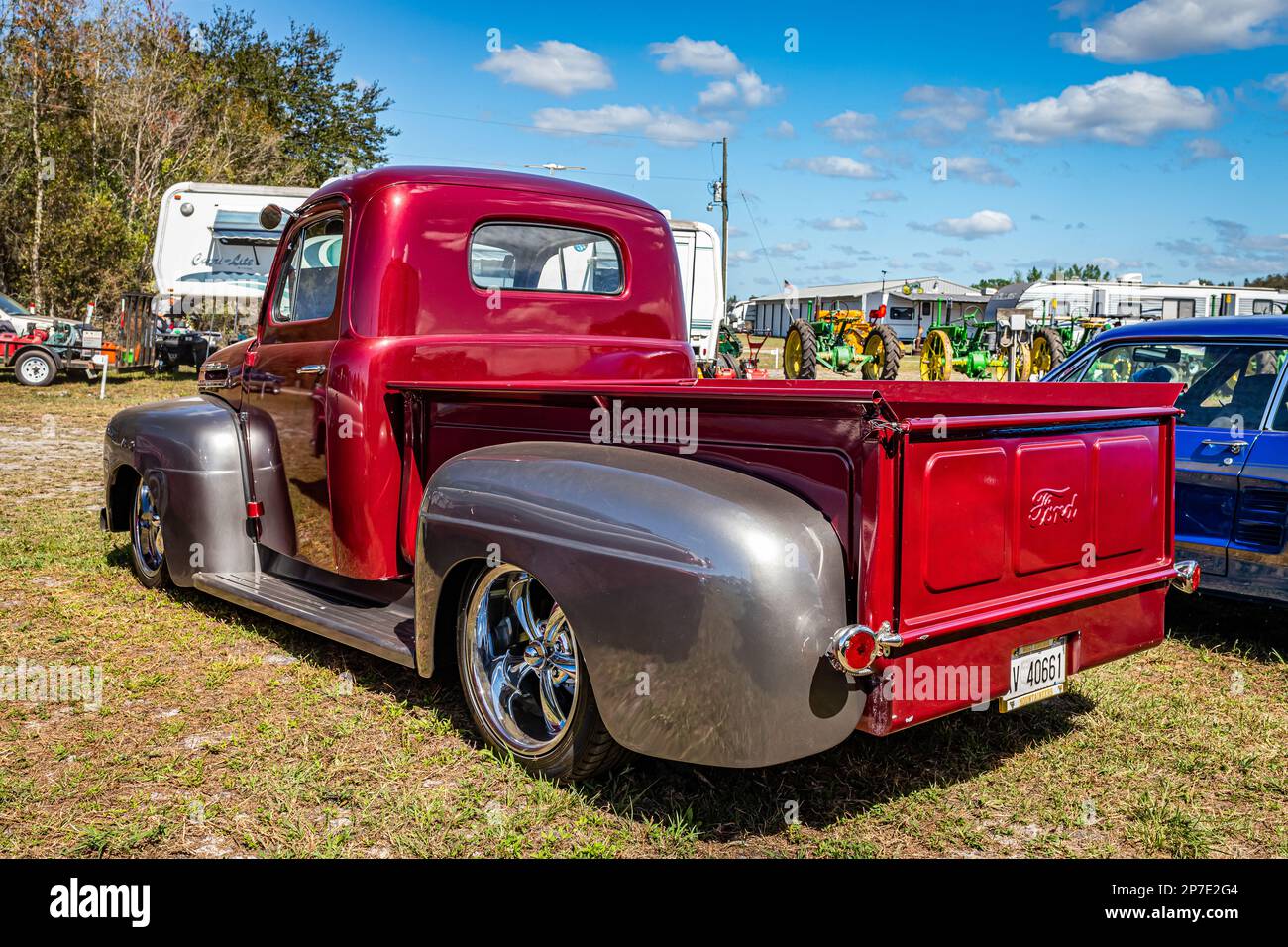 Fort Meade, FL - February 24, 2022: High perspective rear corner view of a 1948 Ford F1 Pickup Truck at a local car show. Stock Photo