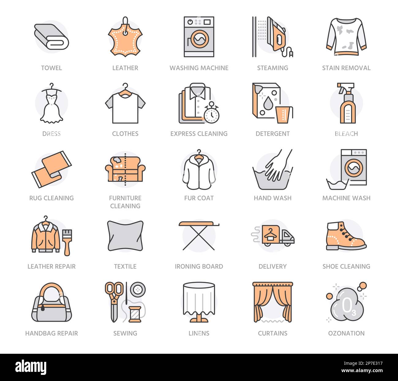 Dry cleaning, laundry line icons. Launderette service washing machine