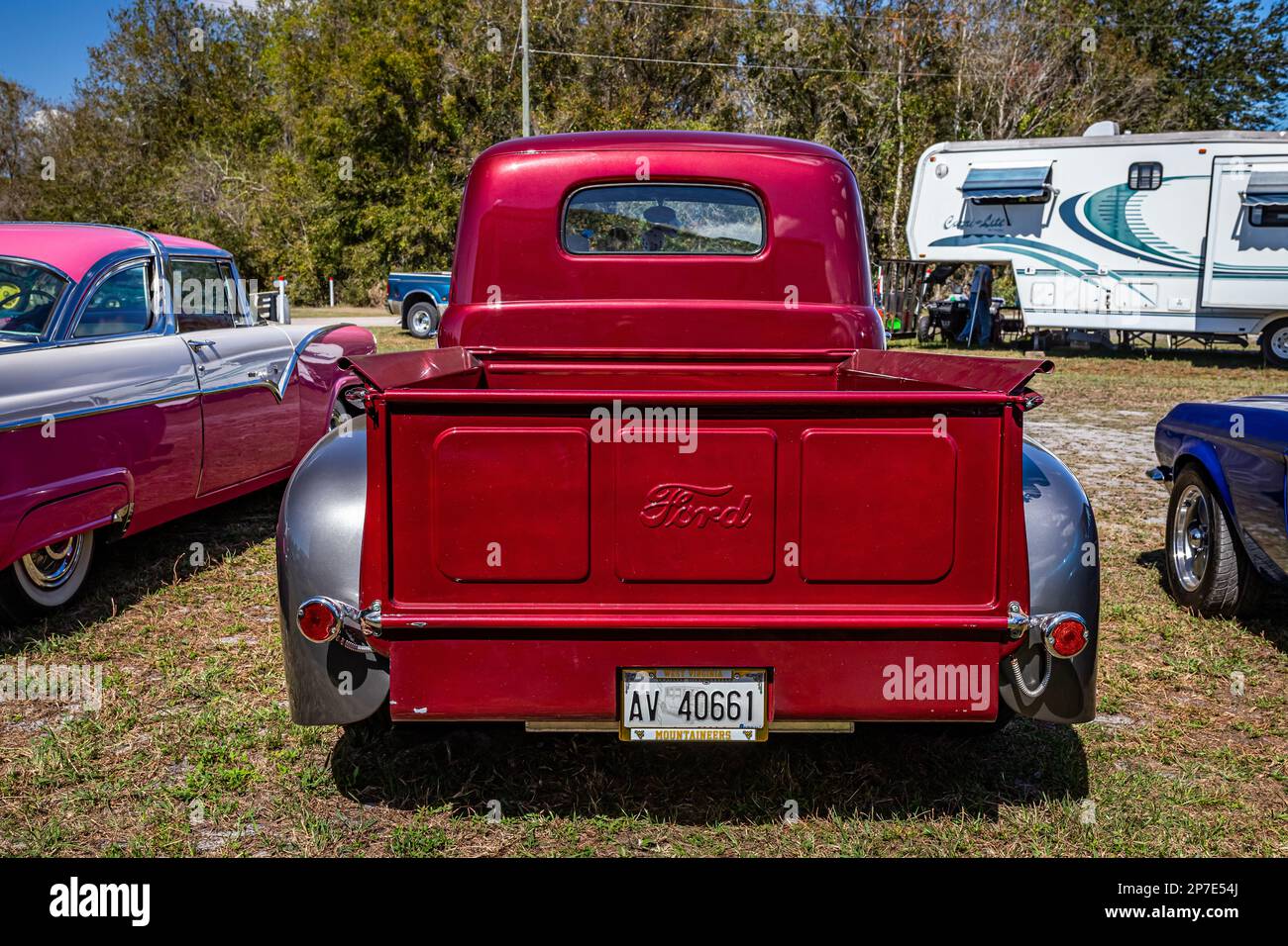 Fort Meade, FL - February 24, 2022: High perspective rear view of a 1948 Ford F1 Pickup Truck at a local car show. Stock Photo