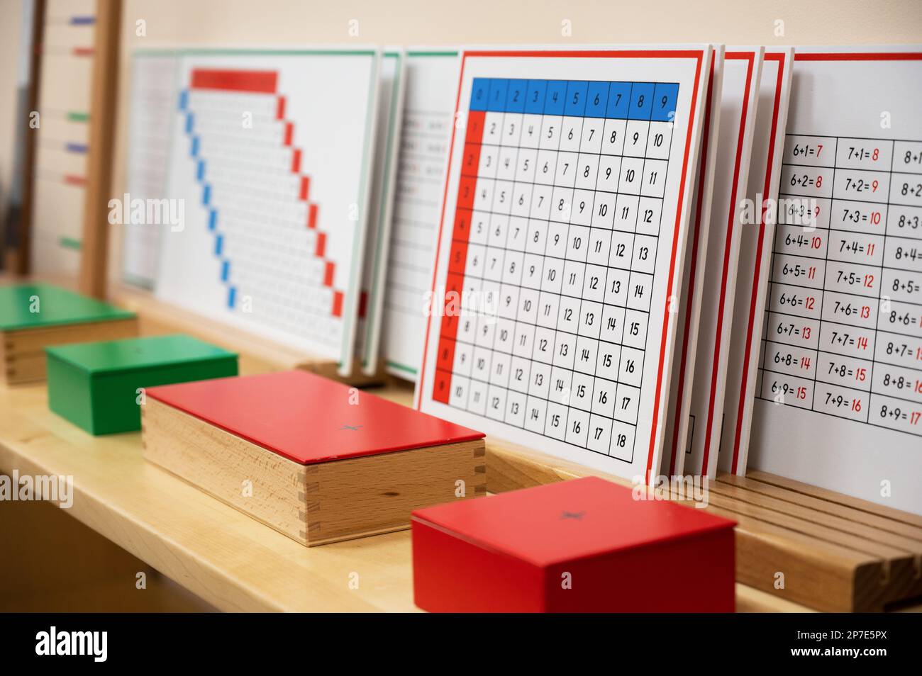  Foto zu Classroom of Montessori kindergarten. The colorful Montessori material 