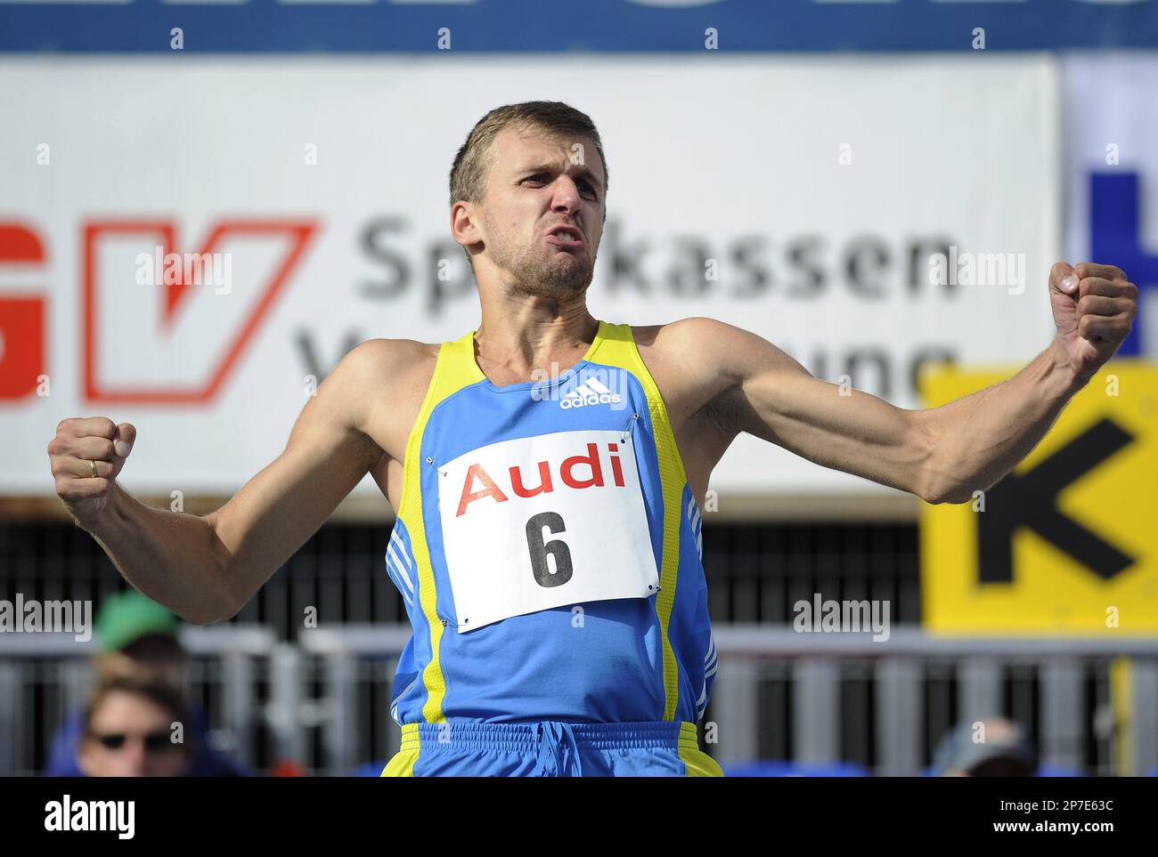 Russa's Aleksey Dmitrik celebrates on his way to the second position