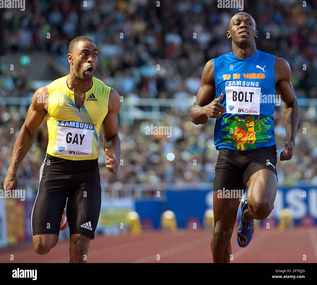 Tyson Gay Of The U S Left Wins The Men s 100m Race Ahead Of Jamaica tyson-gay-of-the-u-s-left-wins-the-men-s-100m-race-ahead-of-jamaica