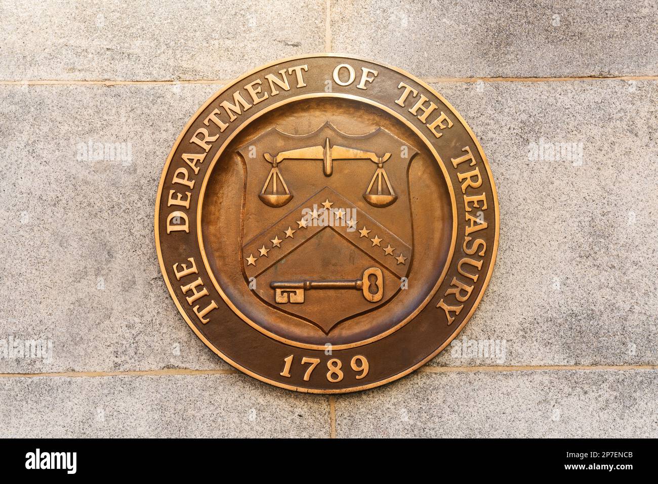 United States Department of the Treasury in Washington, D.C., USA. Seal on the building. Stock Photo