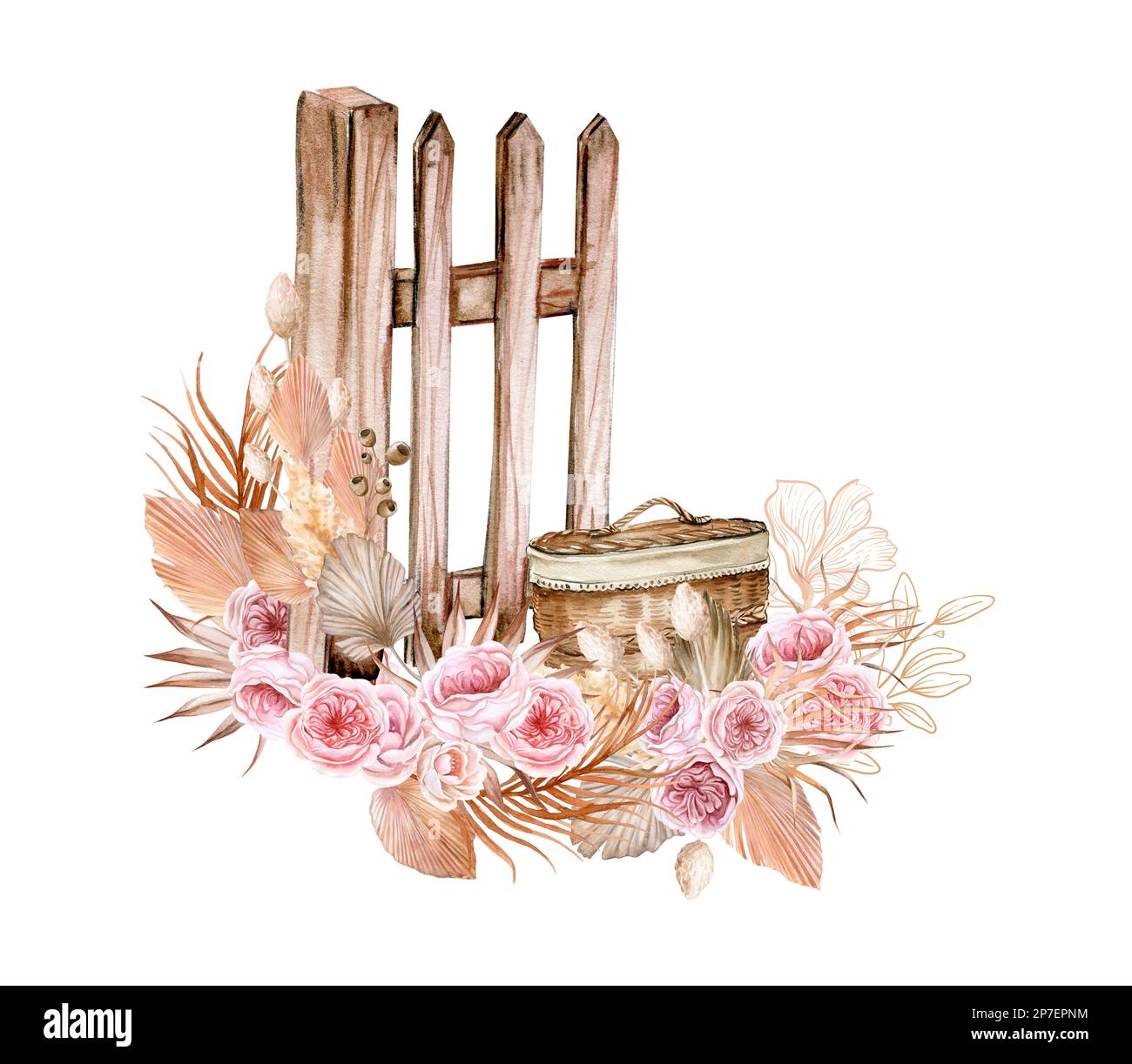 Watercolor composition of an old wooden fence and pink flower . Hand ...