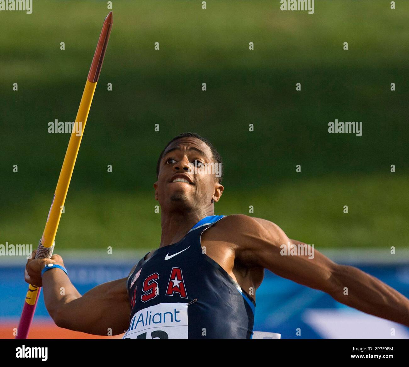 United States' Neaman Wise throws his javelin as he competes in the