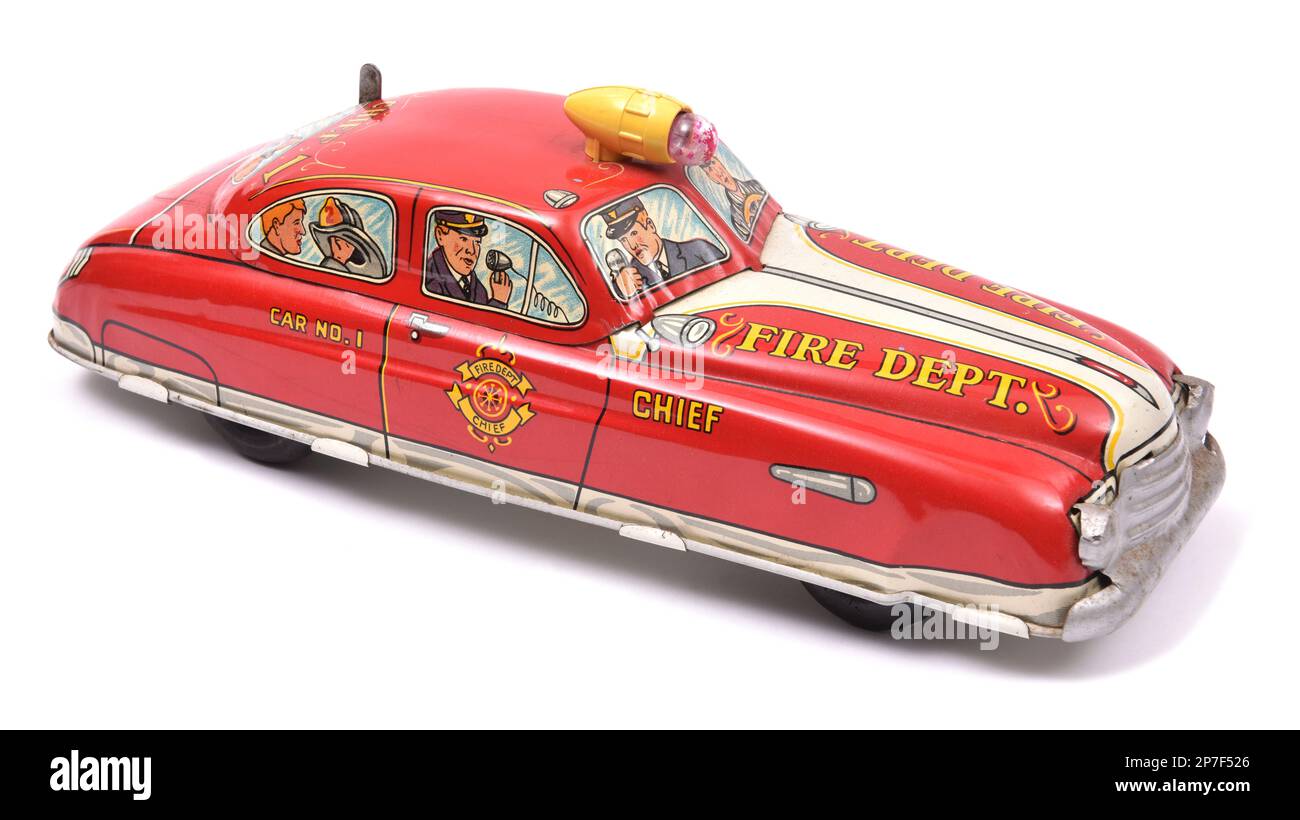 Children's tin plate fire department toy car Stock Photo