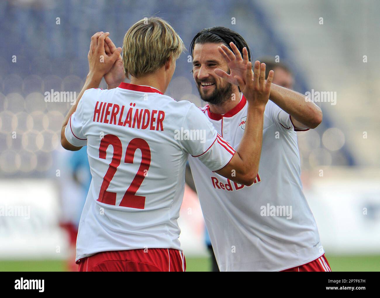 Salzburg's players Stefan Hierlaender, left, and his team mate Simon  Cziommer celebrate after scoring during a Champions League second round  qualification match between Red Bull Salzburg and HB Torshavn of Faroe  Islands