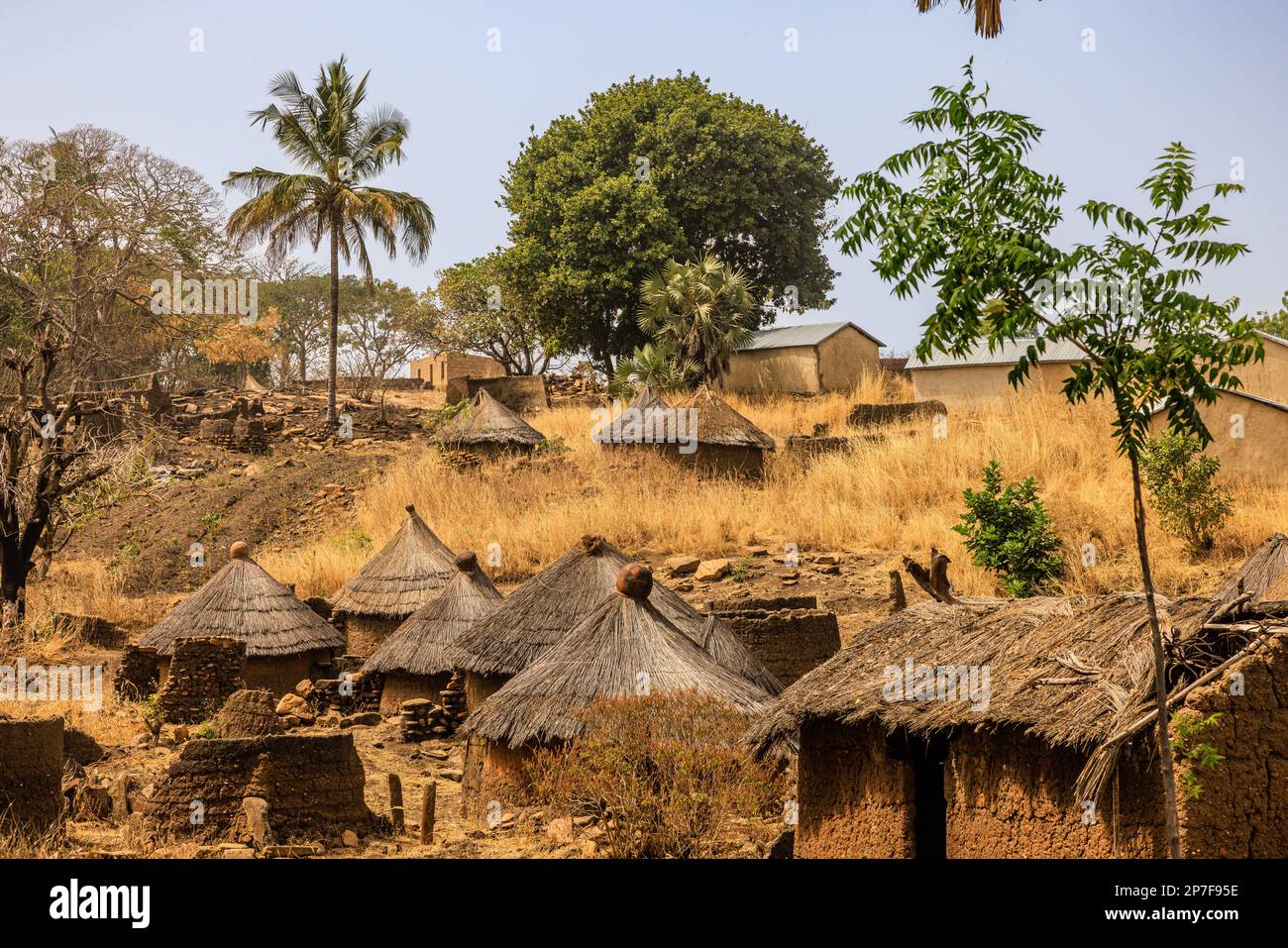 traditional african rural  taneka village in benin with circular clay houses with conical thatched roofs topped with a cooking pot Stock Photo