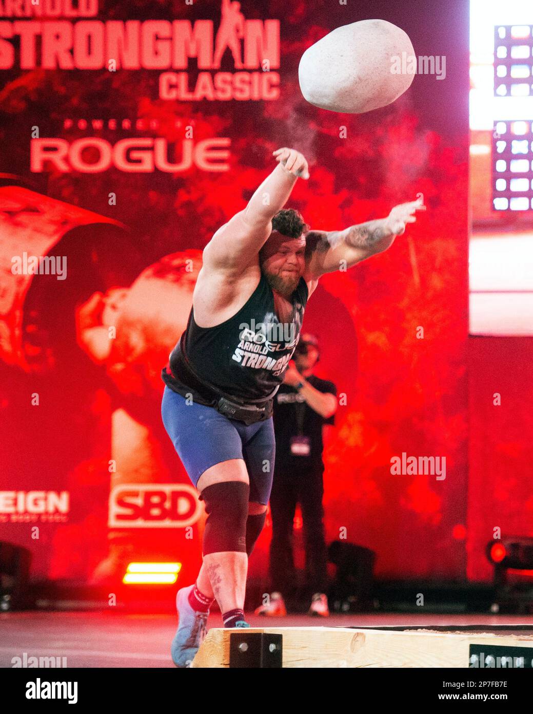Columbus, Ohio, United States. 4th Mar, 2023. Tom Stolman (GBR) competes in the Men's Unspunnen Stone Throw at the Arnold Strongman Classic in Columbus, Ohio, USA. Credit: Brent Clark/Alamy Live News Stock Photo