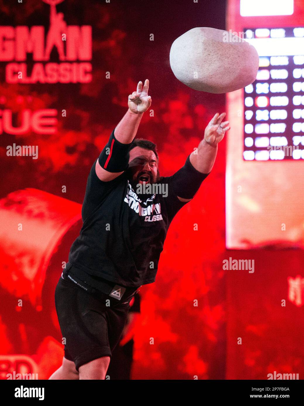 Columbus, Ohio, United States. 4th Mar, 2023. Tom Evans (USA) competes in the Unspunnen Stone Throw at the Arnold Strongman Classic in Columbus, Ohio. Credit: Brent Clark/Alamy Live News Stock Photo