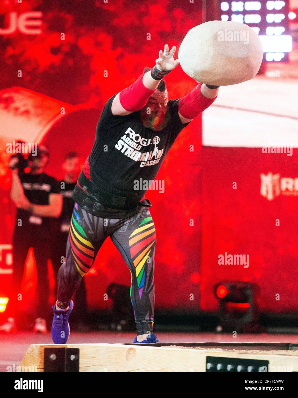 Columbus, Ohio, United States. 4th Mar, 2023. Rob Kearney (USA) competes in the Unspunnen Stone Throw at the Arnold Strongman Classic in Columbus, Ohio USA. Credit: Brent Clark/Alamy Live News Stock Photo